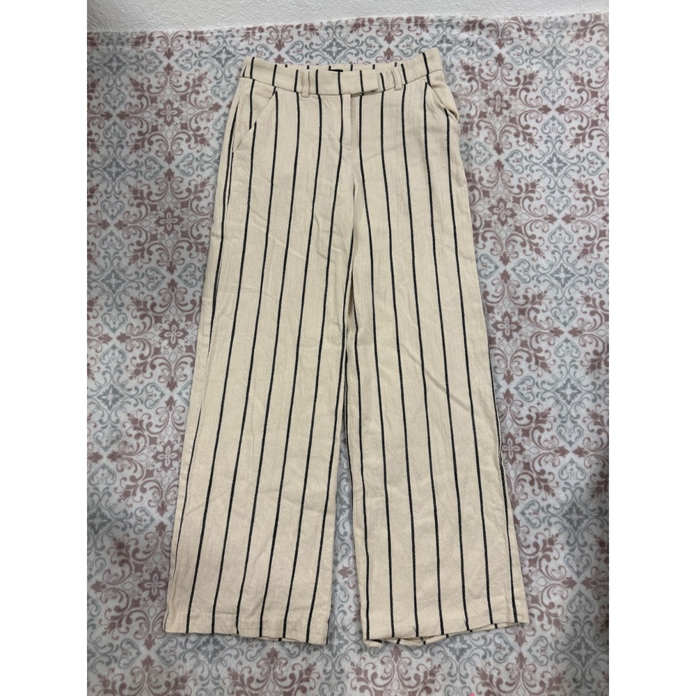 Express Editor Relaxed Trouser Pants Cream Black Vertical Stripe Mid Rise 2R